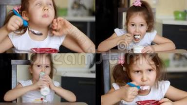 婴儿食品。 可爱的女孩在厨房里吃奶酪。 儿童早餐吃酸奶的肖像。